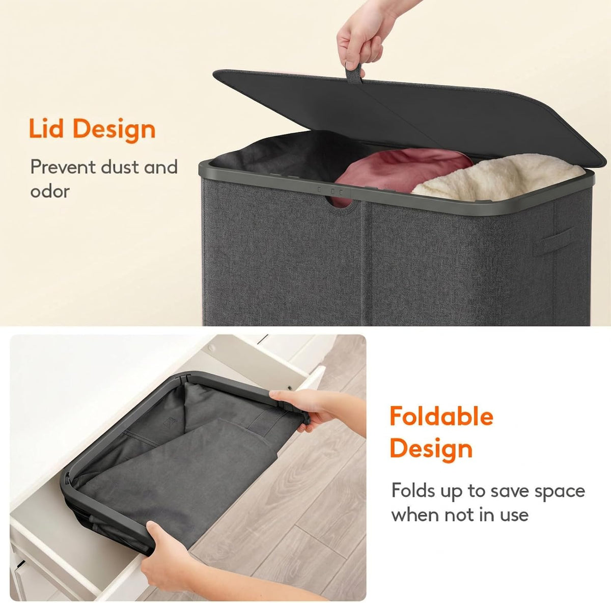 185L 3 Section Laundry Hamper with Lid, Laundry Basket, Beige