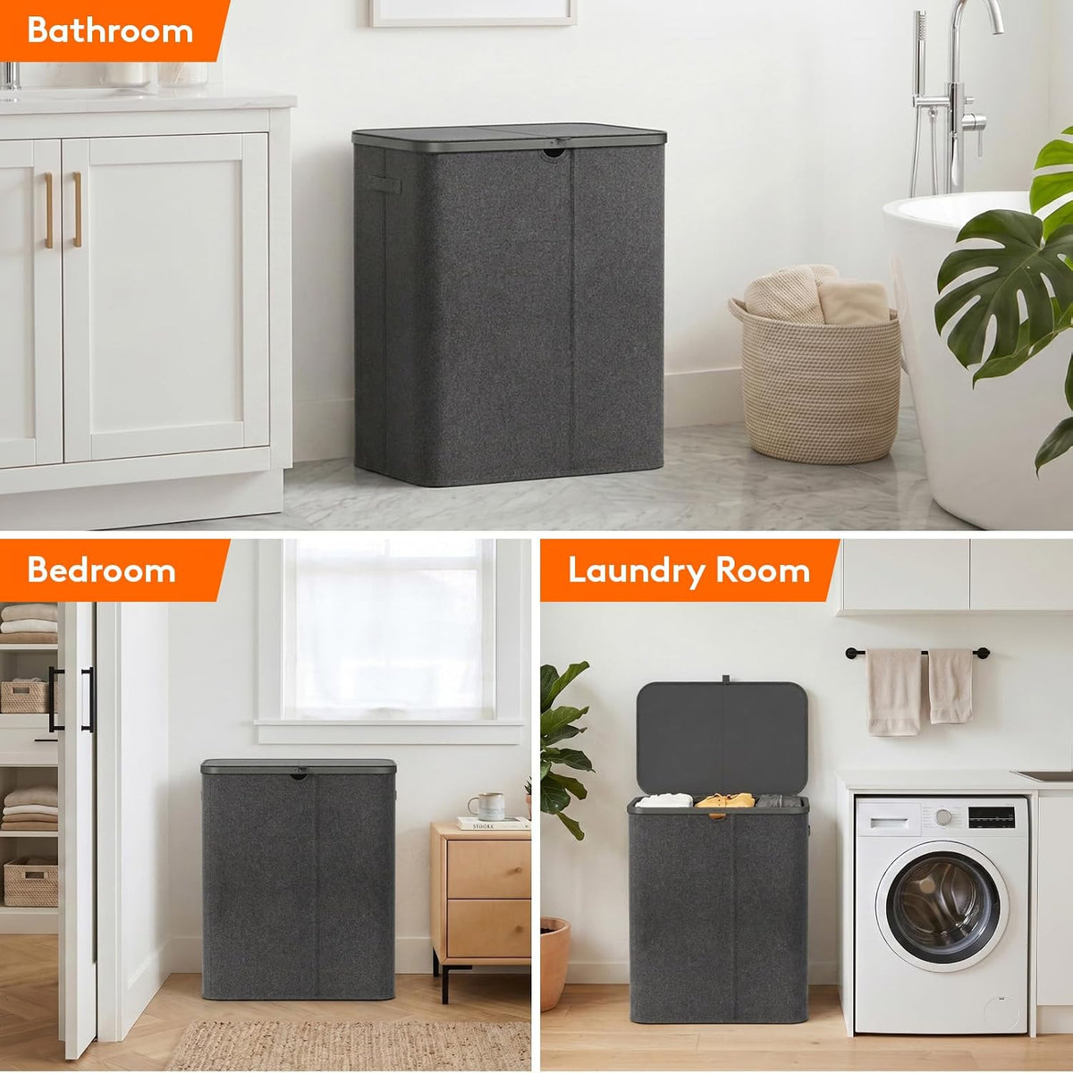 185L 3 Section Laundry Hamper with Lid, Laundry Basket, Beige