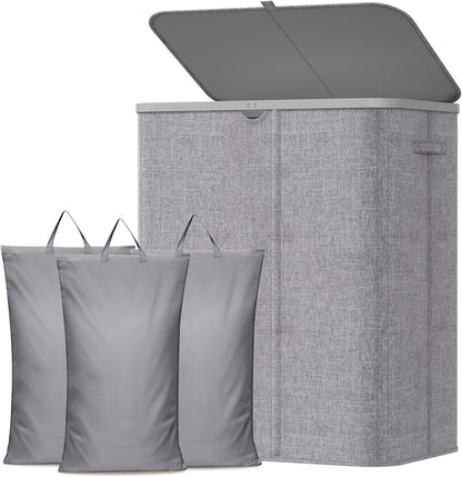 185L 3 Section Laundry Hamper with Lid, Laundry Basket, Beige