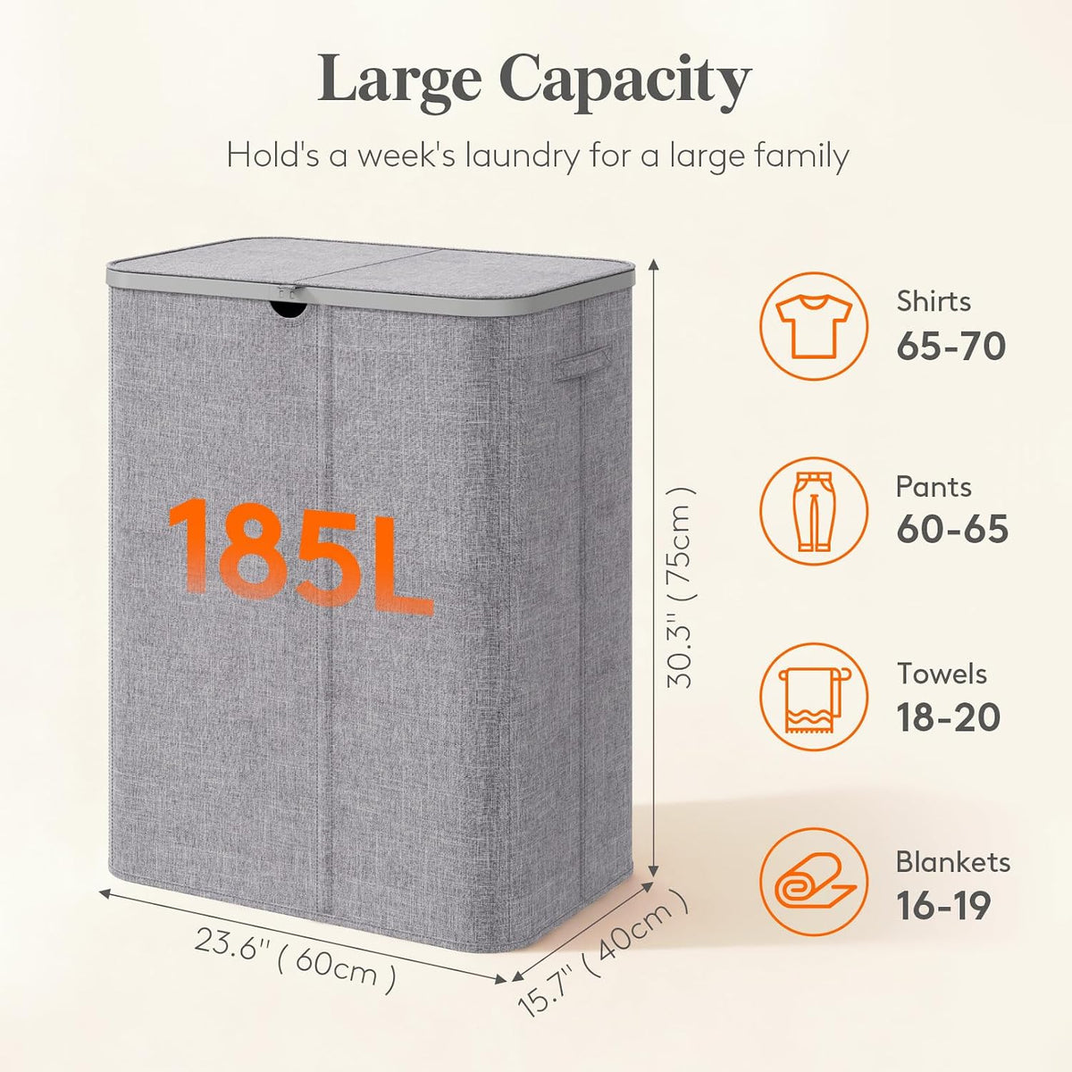 185L 3 Section Laundry Hamper with Lid, Laundry Basket, Beige