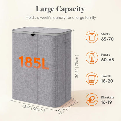 185L 3 Section Laundry Hamper with Lid, Laundry Basket, Beige