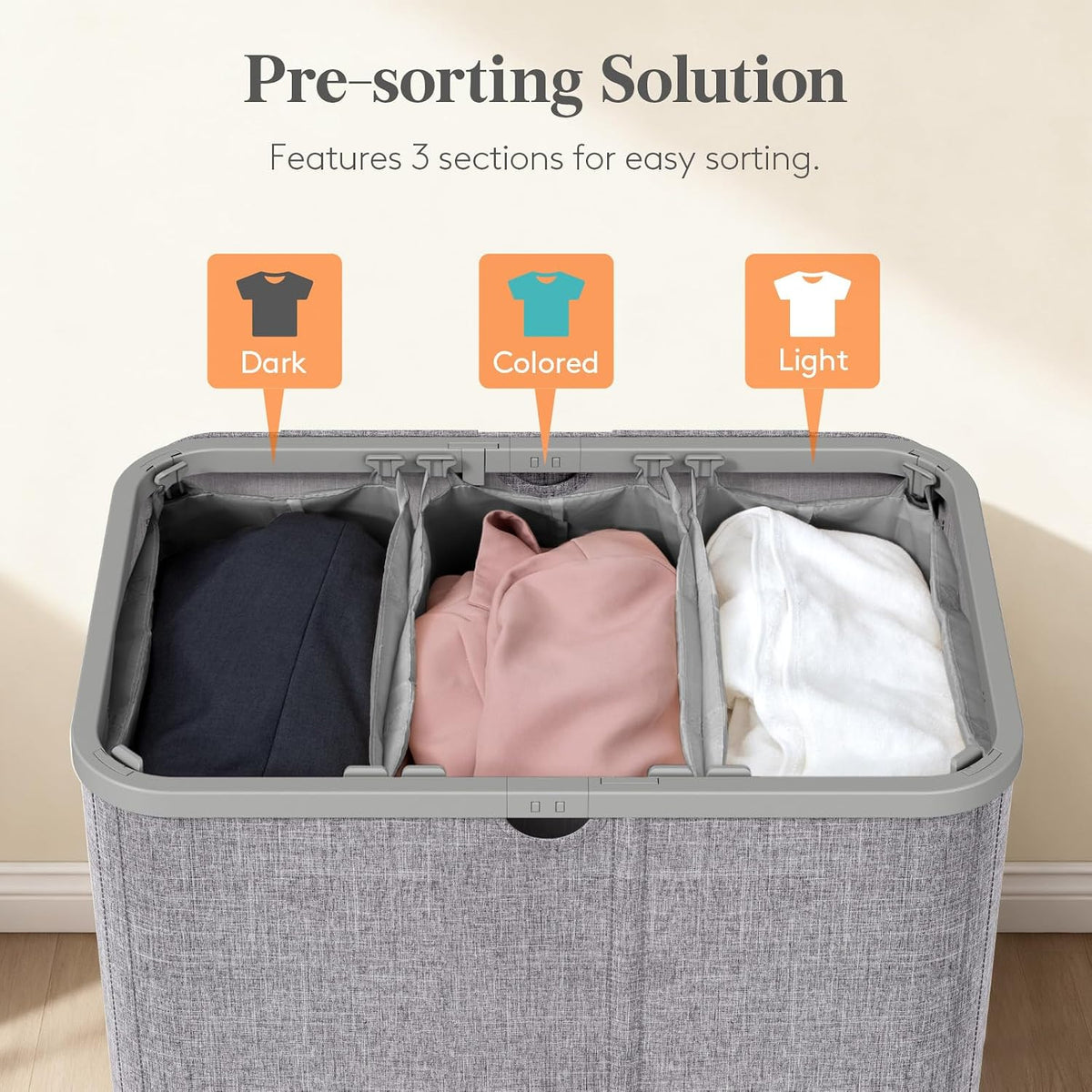 185L 3 Section Laundry Hamper with Lid, Laundry Basket, Beige