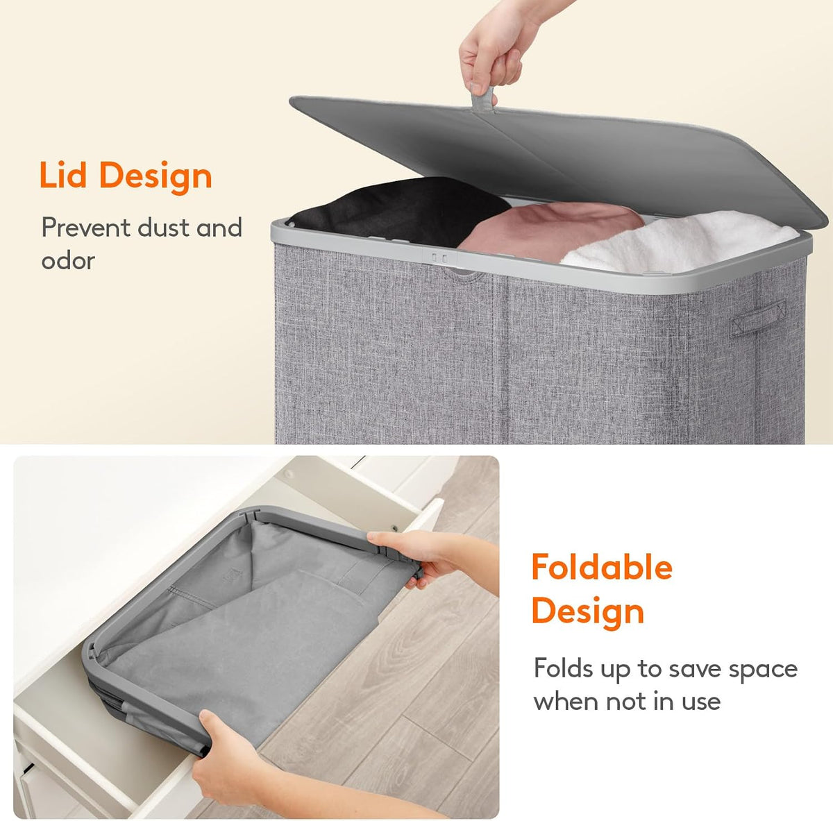 185L 3 Section Laundry Hamper with Lid, Laundry Basket, Beige