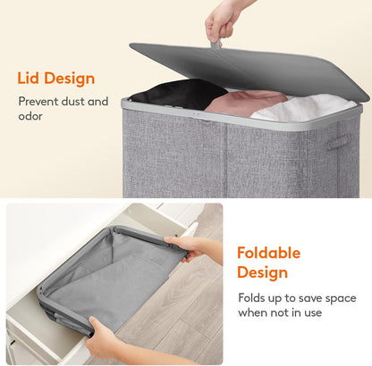 185L 3 Section Laundry Hamper with Lid, Laundry Basket, Beige
