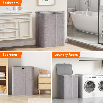 185L 3 Section Laundry Hamper with Lid, Laundry Basket, Beige
