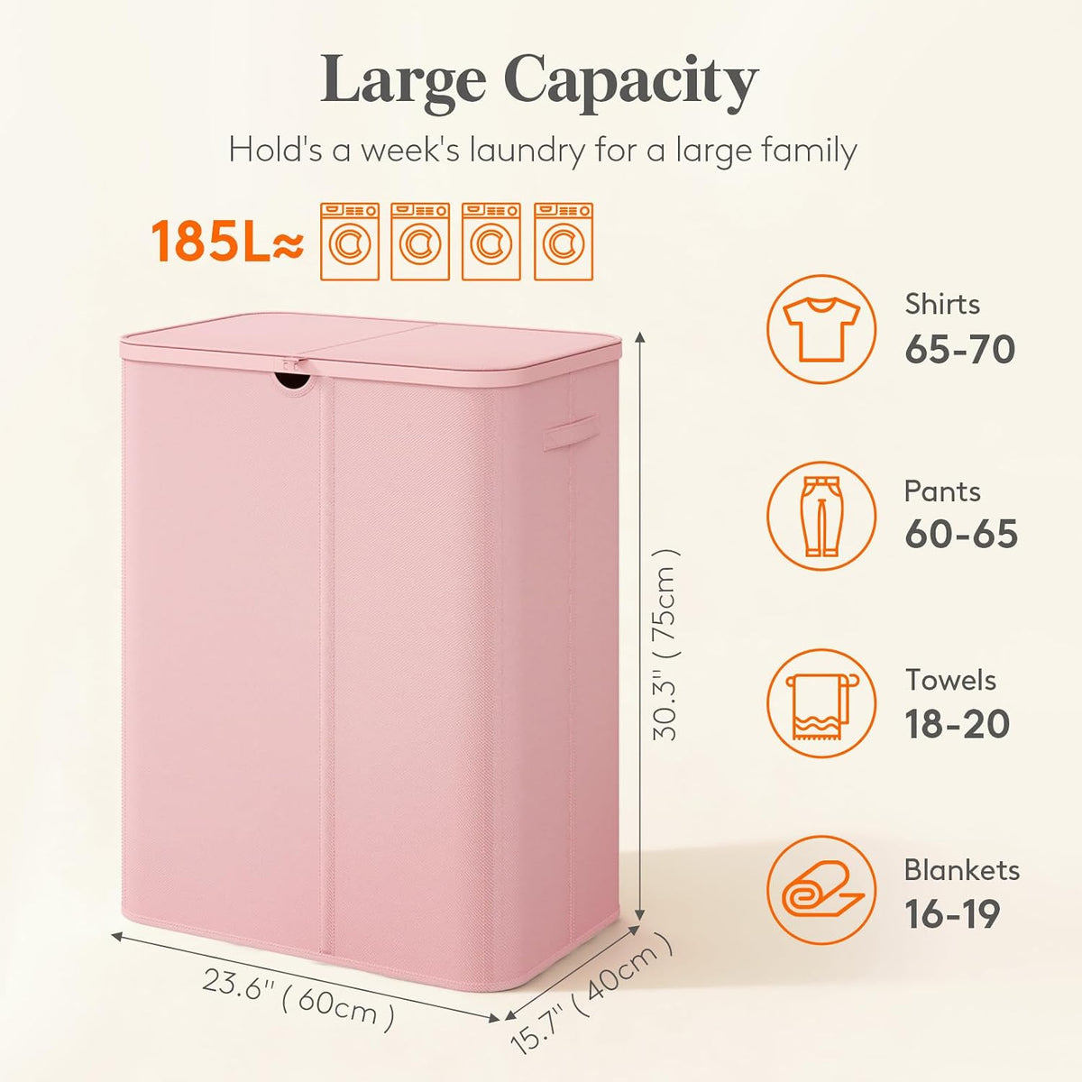 185L 3 Section Laundry Hamper with Lid, Laundry Basket, Beige