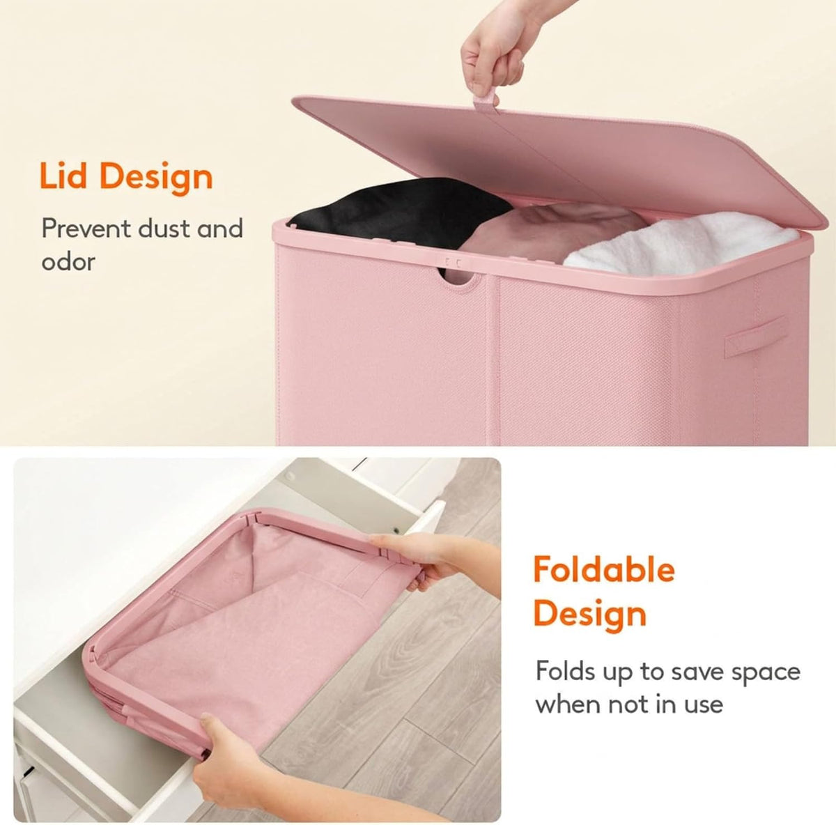 185L 3 Section Laundry Hamper with Lid, Laundry Basket, Beige