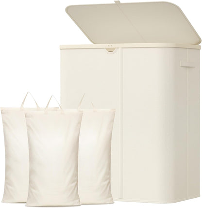 185L 3 Section Laundry Hamper with Lid, Laundry Basket, Beige
