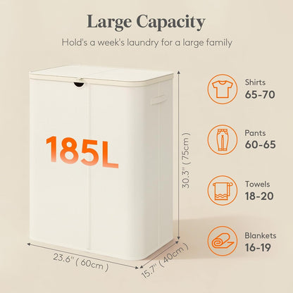 185L 3 Section Laundry Hamper with Lid, Laundry Basket, Beige