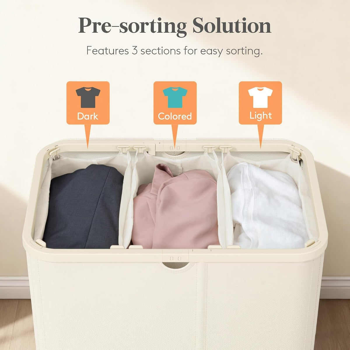 185L 3 Section Laundry Hamper with Lid, Laundry Basket, Beige