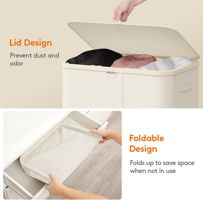 185L 3 Section Laundry Hamper with Lid, Laundry Basket, Beige