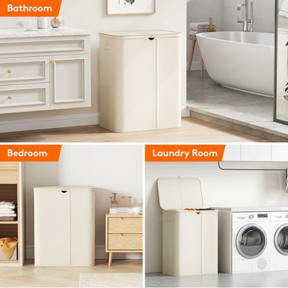 185L 3 Section Laundry Hamper with Lid, Laundry Basket, Beige
