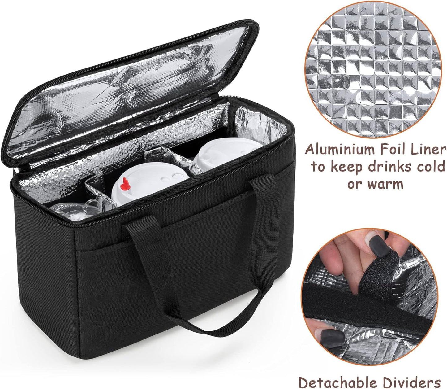 Reusable 3-Cup Drink Carrier for Delivery Insulated Drink Caddy,Grey | Beverages Carrier Tote with Adjustable Dividers for Take Out, Outdoors