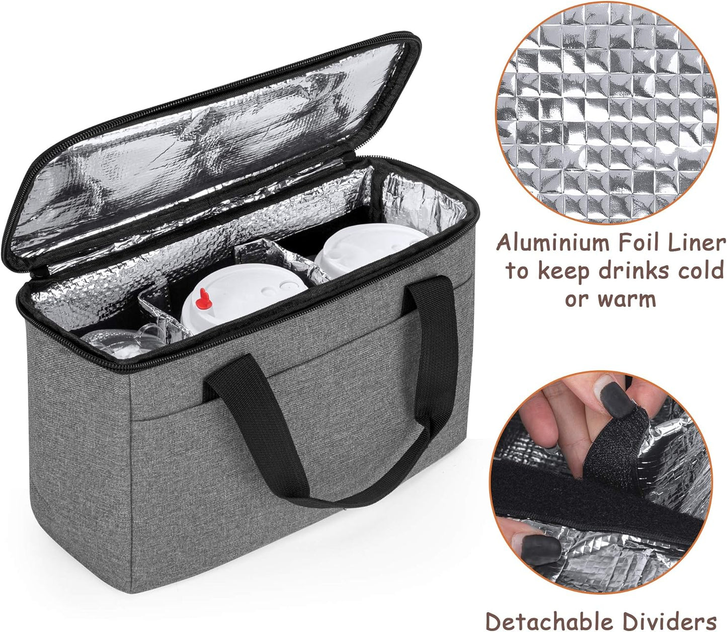 Reusable 3-Cup Drink Carrier for Delivery Insulated Drink Caddy,Grey | Beverages Carrier Tote with Adjustable Dividers for Take Out, Outdoors