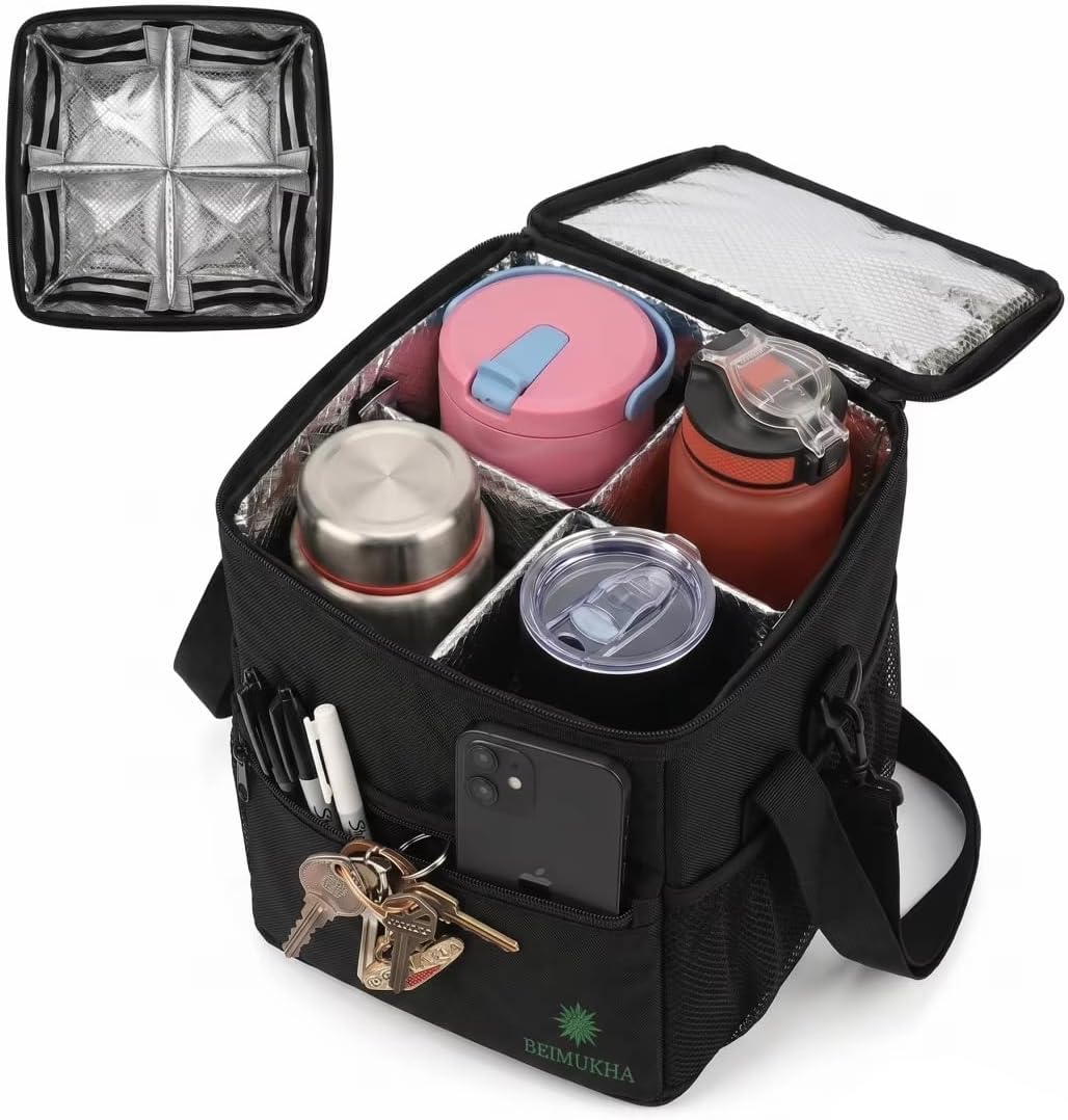 Insulated Drink Carrier Bag with Handle- 4 Cup Adjustable Beverage Holder for Coffee,Boba Tea& Soda- Reusable Delivery Bag for Small, Medium & Large Cups- Foldable Drink Transport Carrier.