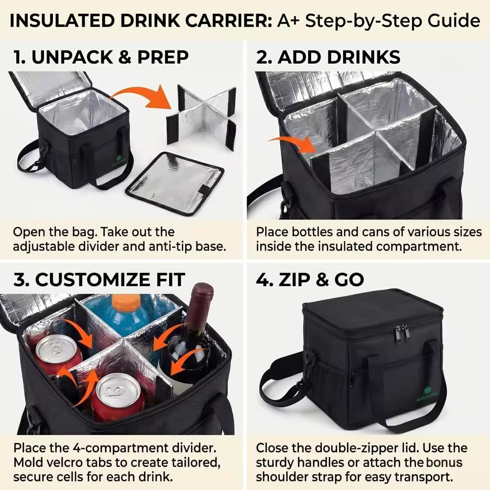 Insulated Drink Carrier Bag with Handle- 4 Cup Adjustable Beverage Holder for Coffee,Boba Tea& Soda- Reusable Delivery Bag for Small, Medium & Large Cups- Foldable Drink Transport Carrier.