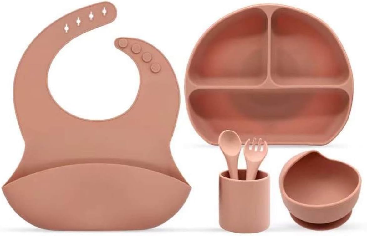 6 Piece Baby & Toddler Feeding Set | Silicone Suction Divided Plate, Bib, Bowl, Cup, Utensil Fork and Spoon Set (Apricot)