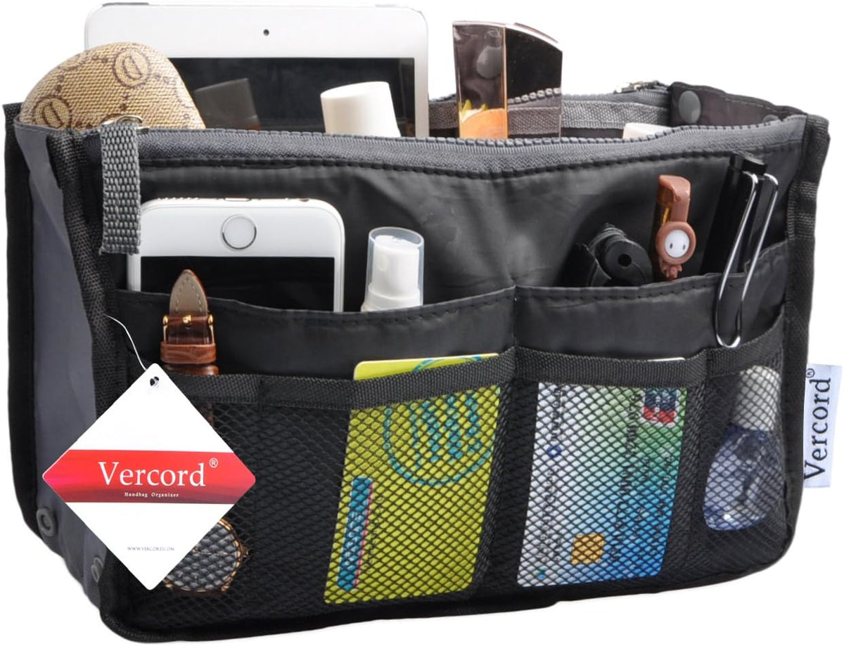 Purse Organizer Insert for Handbags Bag Organizers Inside Tote Pocketbook Women Nurse Nylon 13 Pockets Black Small