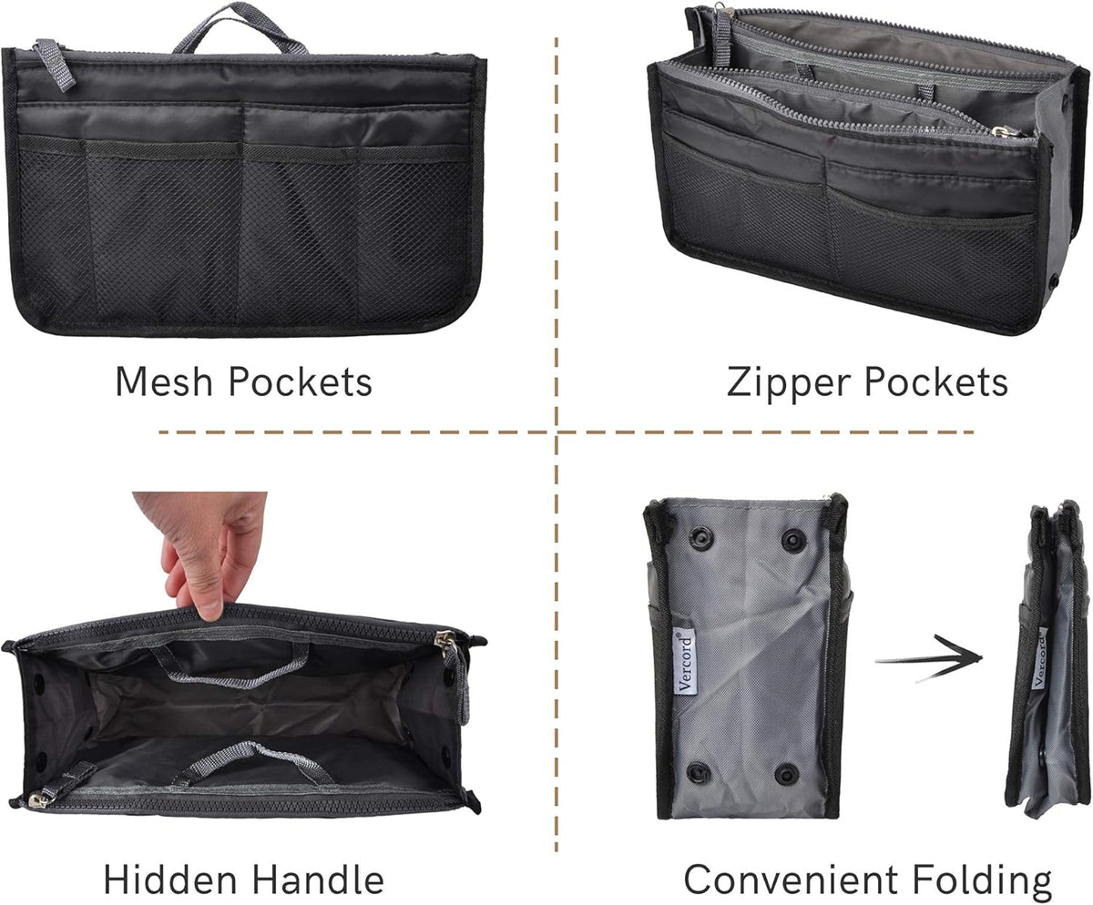 Purse Organizer Insert for Handbags Bag Organizers Inside Tote Pocketbook Women Nurse Nylon 13 Pockets Black Small