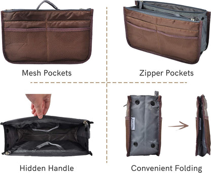 Purse Organizer Insert for Handbags Bag Organizers Inside Tote Pocketbook Women Nurse Nylon 13 Pockets Black Small