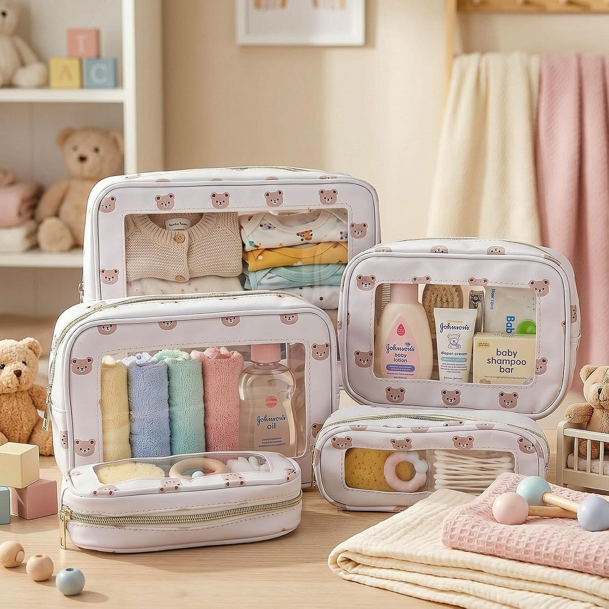 5 Pcs Diaper Bag Organizer Pouch Set TSA Approved Toiletry Bag Clear Waterproof Tpu Makeup Pouch Travel Organizer Pack for Mom Baby Nursing