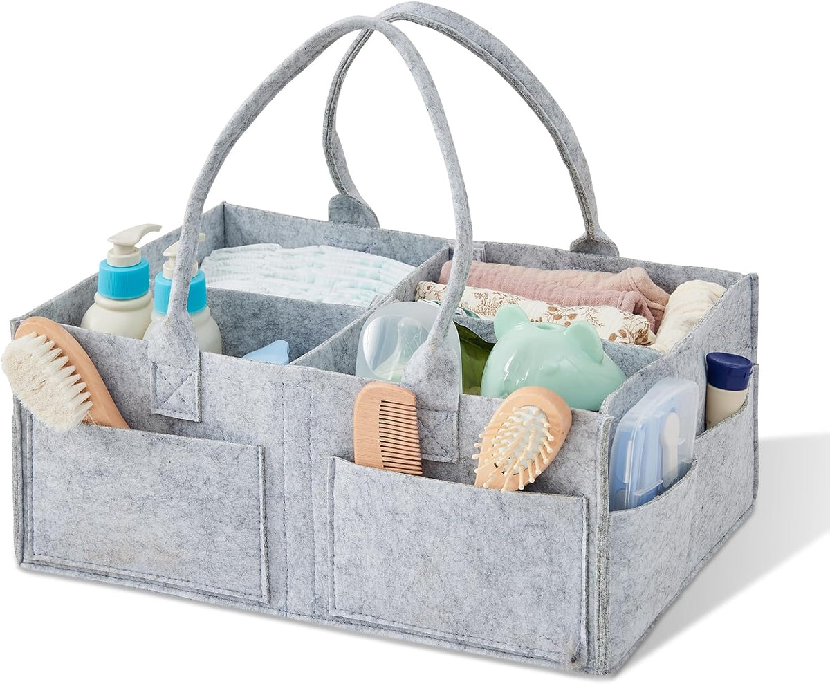 Upgraded Baby Diaper Caddy Organizer, Portable Nursery Storage Bin with Handle, Side Pockets Car Organizer for Diapers and Baby Wipes Essentials, Registry Gift Baskets (Small-Oatmeal)