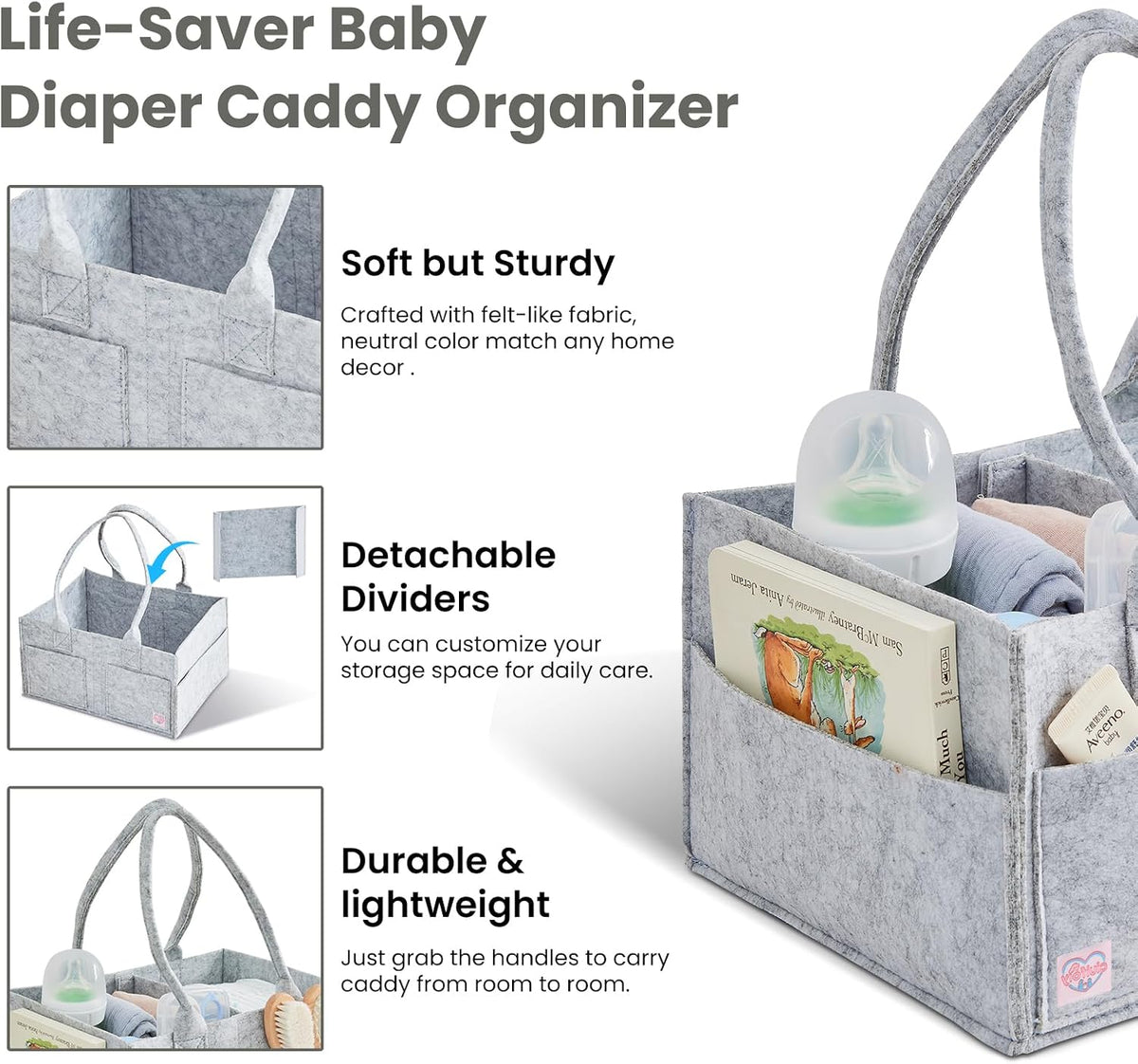 Upgraded Baby Diaper Caddy Organizer, Portable Nursery Storage Bin with Handle, Side Pockets Car Organizer for Diapers and Baby Wipes Essentials, Registry Gift Baskets (Small-Oatmeal)