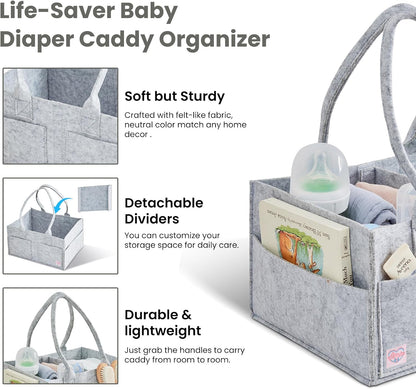 Upgraded Baby Diaper Caddy Organizer, Portable Nursery Storage Bin with Handle, Side Pockets Car Organizer for Diapers and Baby Wipes Essentials, Registry Gift Baskets (Small-Oatmeal)
