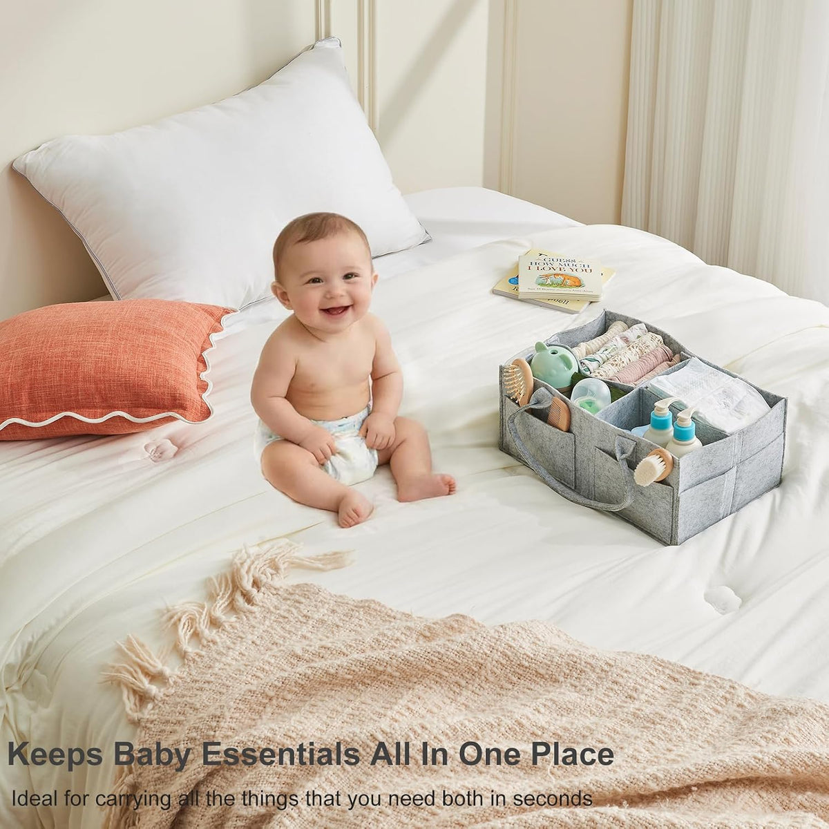 Upgraded Baby Diaper Caddy Organizer, Portable Nursery Storage Bin with Handle, Side Pockets Car Organizer for Diapers and Baby Wipes Essentials, Registry Gift Baskets (Small-Oatmeal)