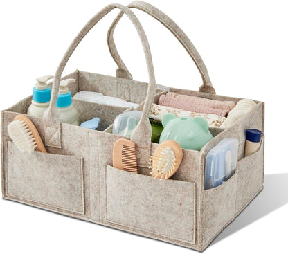 Upgraded Baby Diaper Caddy Organizer, Portable Nursery Storage Bin with Handle, Side Pockets Car Organizer for Diapers and Baby Wipes Essentials, Registry Gift Baskets (Small-Oatmeal)