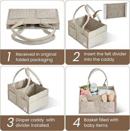 Upgraded Baby Diaper Caddy Organizer, Portable Nursery Storage Bin with Handle, Side Pockets Car Organizer for Diapers and Baby Wipes Essentials, Registry Gift Baskets (Small-Oatmeal)