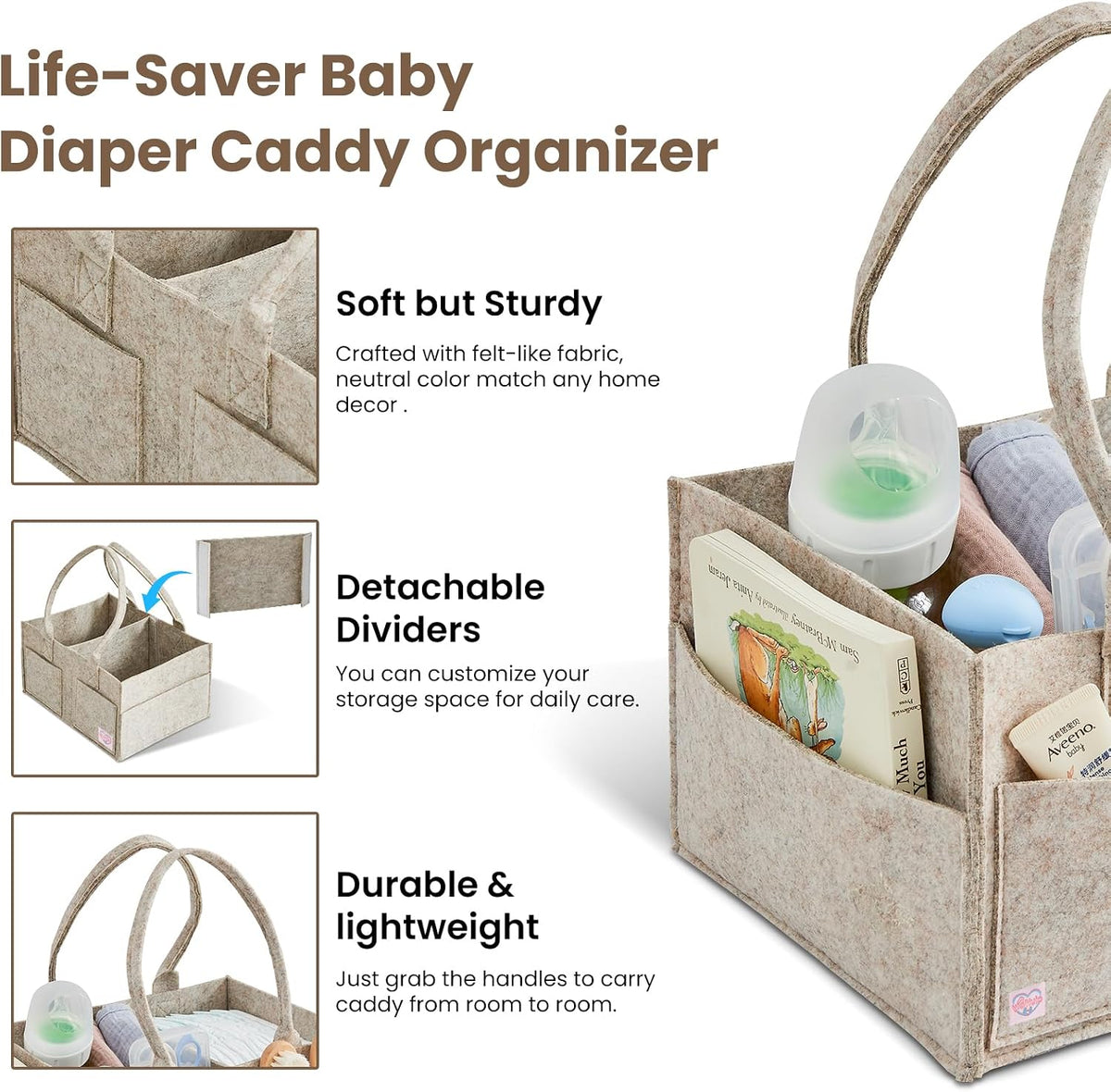 Upgraded Baby Diaper Caddy Organizer, Portable Nursery Storage Bin with Handle, Side Pockets Car Organizer for Diapers and Baby Wipes Essentials, Registry Gift Baskets (Small-Oatmeal)