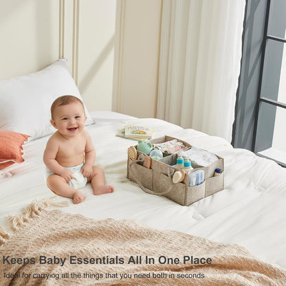Upgraded Baby Diaper Caddy Organizer, Portable Nursery Storage Bin with Handle, Side Pockets Car Organizer for Diapers and Baby Wipes Essentials, Registry Gift Baskets (Small-Oatmeal)