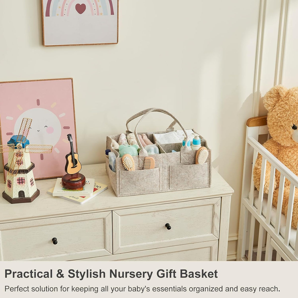 Upgraded Baby Diaper Caddy Organizer, Portable Nursery Storage Bin with Handle, Side Pockets Car Organizer for Diapers and Baby Wipes Essentials, Registry Gift Baskets (Small-Oatmeal)