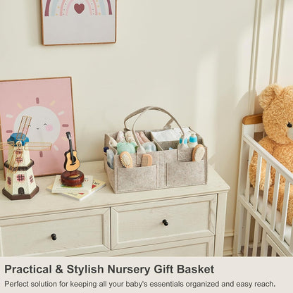 Upgraded Baby Diaper Caddy Organizer, Portable Nursery Storage Bin with Handle, Side Pockets Car Organizer for Diapers and Baby Wipes Essentials, Registry Gift Baskets (Small-Oatmeal)