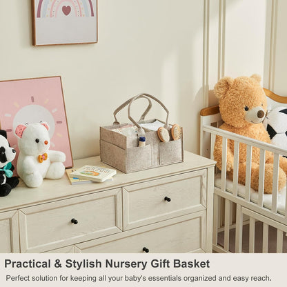 Upgraded Baby Diaper Caddy Organizer, Portable Nursery Storage Bin with Handle, Side Pockets Car Organizer for Diapers and Baby Wipes Essentials, Registry Gift Baskets (Small-Oatmeal)