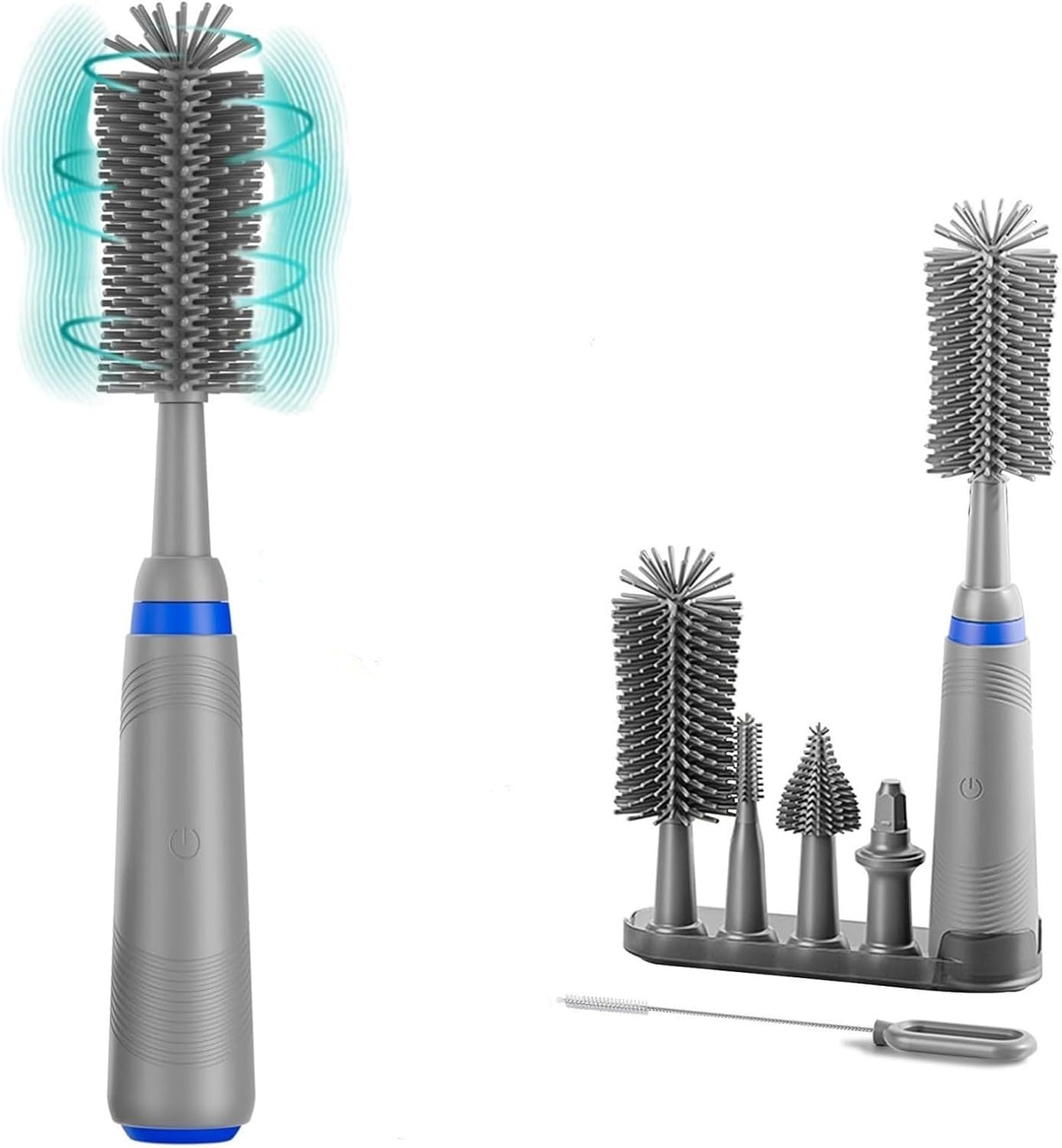 Electric Baby Bottle Cleaner with Drying Rack, Silicone Bottle Brush Set, Easy-Grip Handle, Rechargeable/Waterproof Spinning Brush, Grey