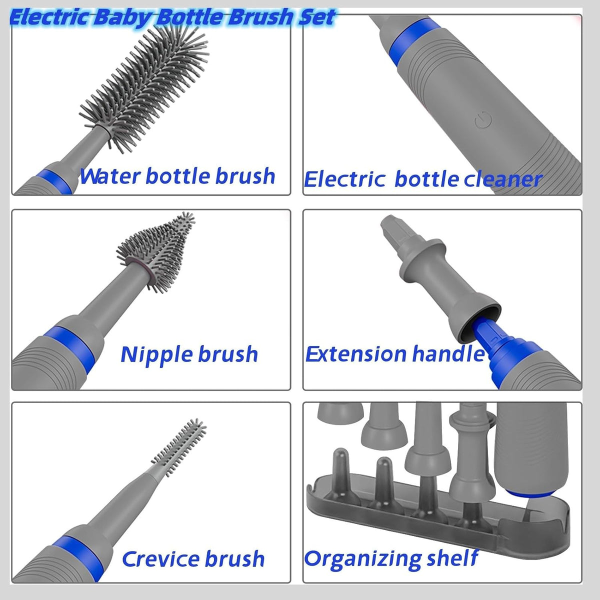 Electric Baby Bottle Cleaner with Drying Rack, Silicone Bottle Brush Set, Easy-Grip Handle, Rechargeable/Waterproof Spinning Brush, Grey