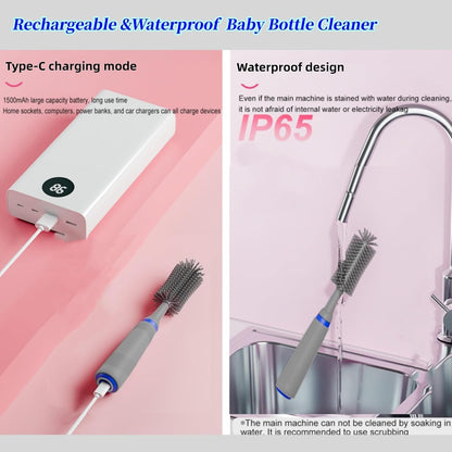 Electric Baby Bottle Cleaner with Drying Rack, Silicone Bottle Brush Set, Easy-Grip Handle, Rechargeable/Waterproof Spinning Brush, Grey