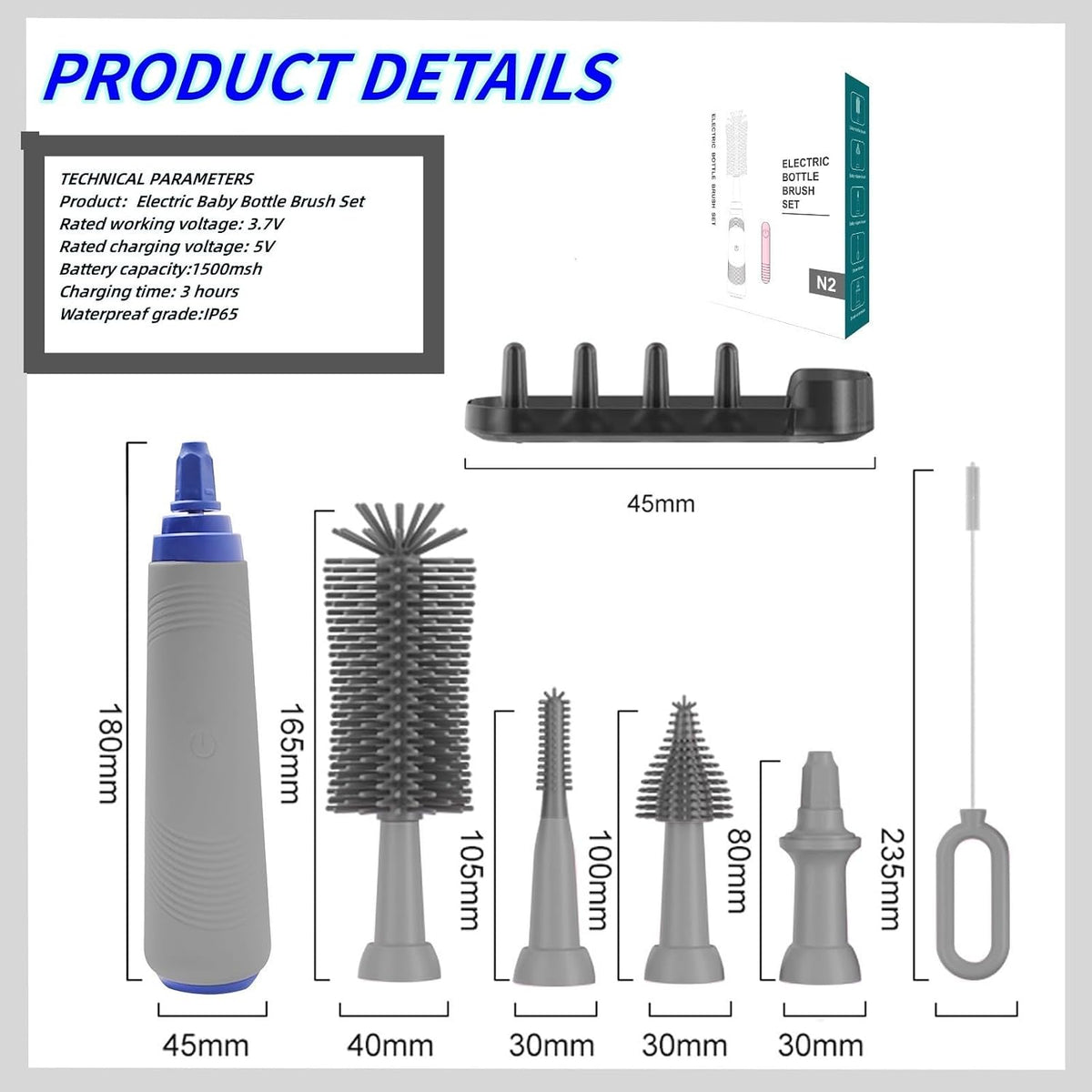 Electric Baby Bottle Cleaner with Drying Rack, Silicone Bottle Brush Set, Easy-Grip Handle, Rechargeable/Waterproof Spinning Brush, Grey