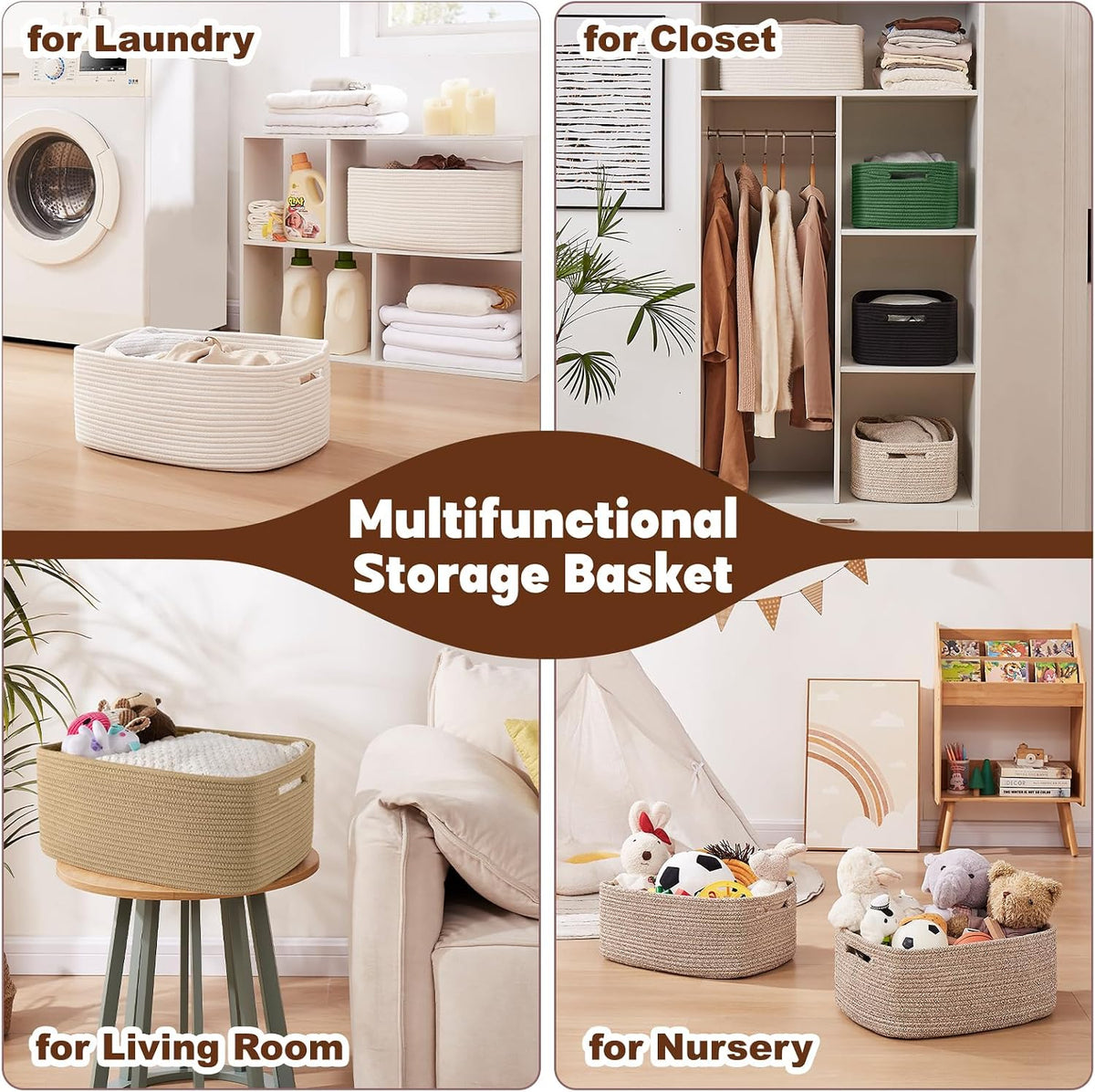 OIAHOMY Storage Basket for Shelves, Closet Cube Storage Bins Baskets for Clothes Blanket Towels, Baby Nursery, Toy Baskets Box, Woven Rope Basket, 17.72 * 12.99 * 7.87 IN, 2 Packs White
