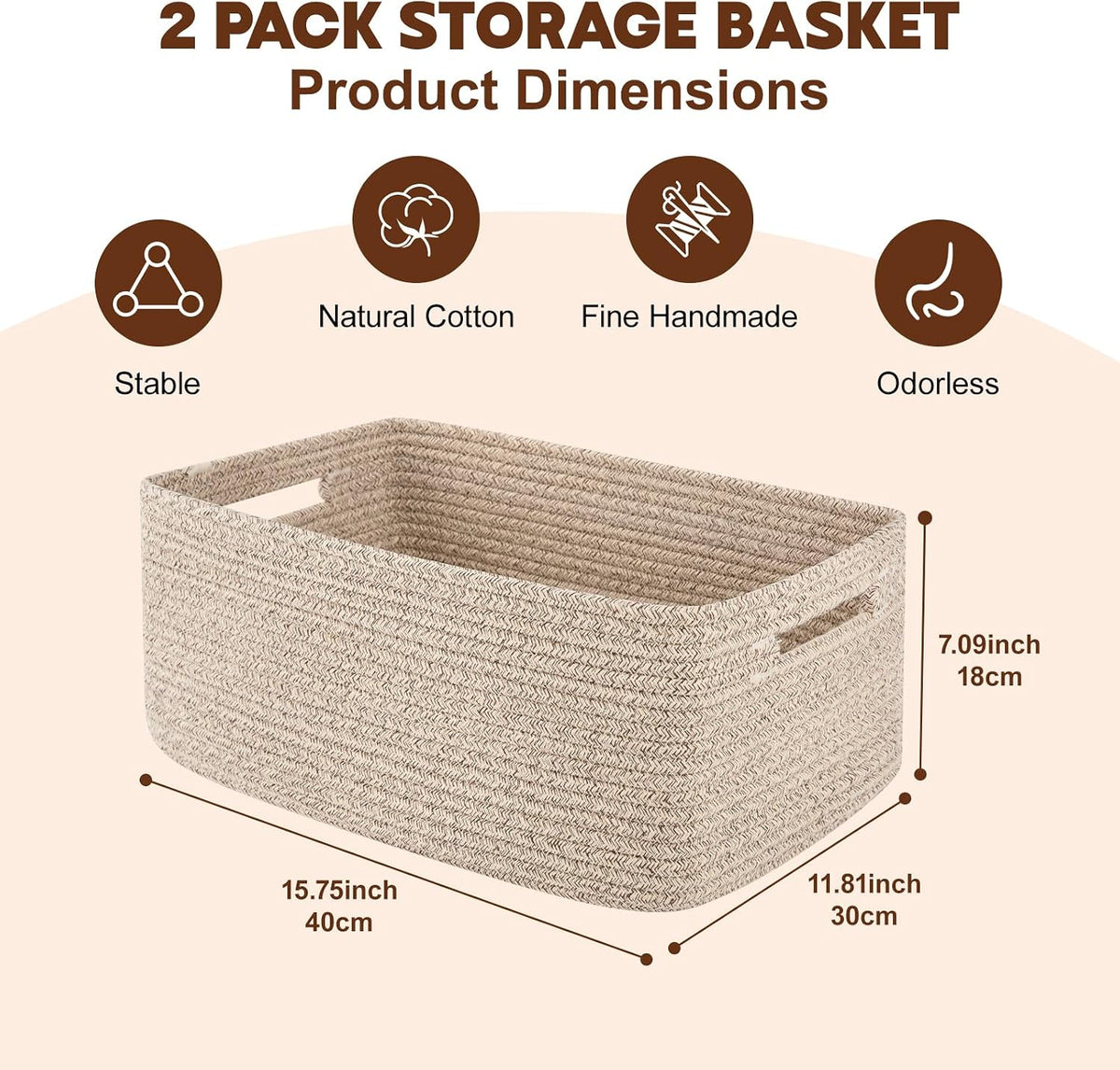 OIAHOMY Storage Basket for Shelves, Closet Cube Storage Bins Baskets for Clothes Blanket Towels, Baby Nursery, Toy Baskets Box, Woven Rope Basket, 17.72 * 12.99 * 7.87 IN, 2 Packs White