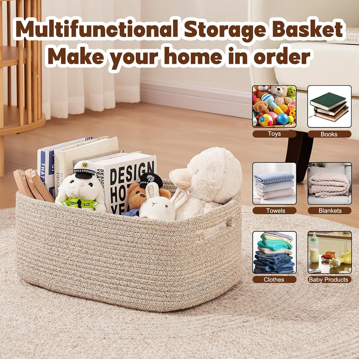 OIAHOMY Storage Basket for Shelves, Closet Cube Storage Bins Baskets for Clothes Blanket Towels, Baby Nursery, Toy Baskets Box, Woven Rope Basket, 17.72 * 12.99 * 7.87 IN, 2 Packs White