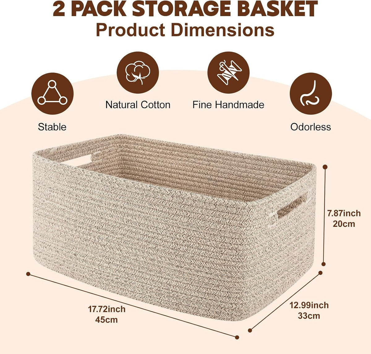 OIAHOMY Storage Basket for Shelves, Closet Cube Storage Bins Baskets for Clothes Blanket Towels, Baby Nursery, Toy Baskets Box, Woven Rope Basket, 17.72 * 12.99 * 7.87 IN, 2 Packs White