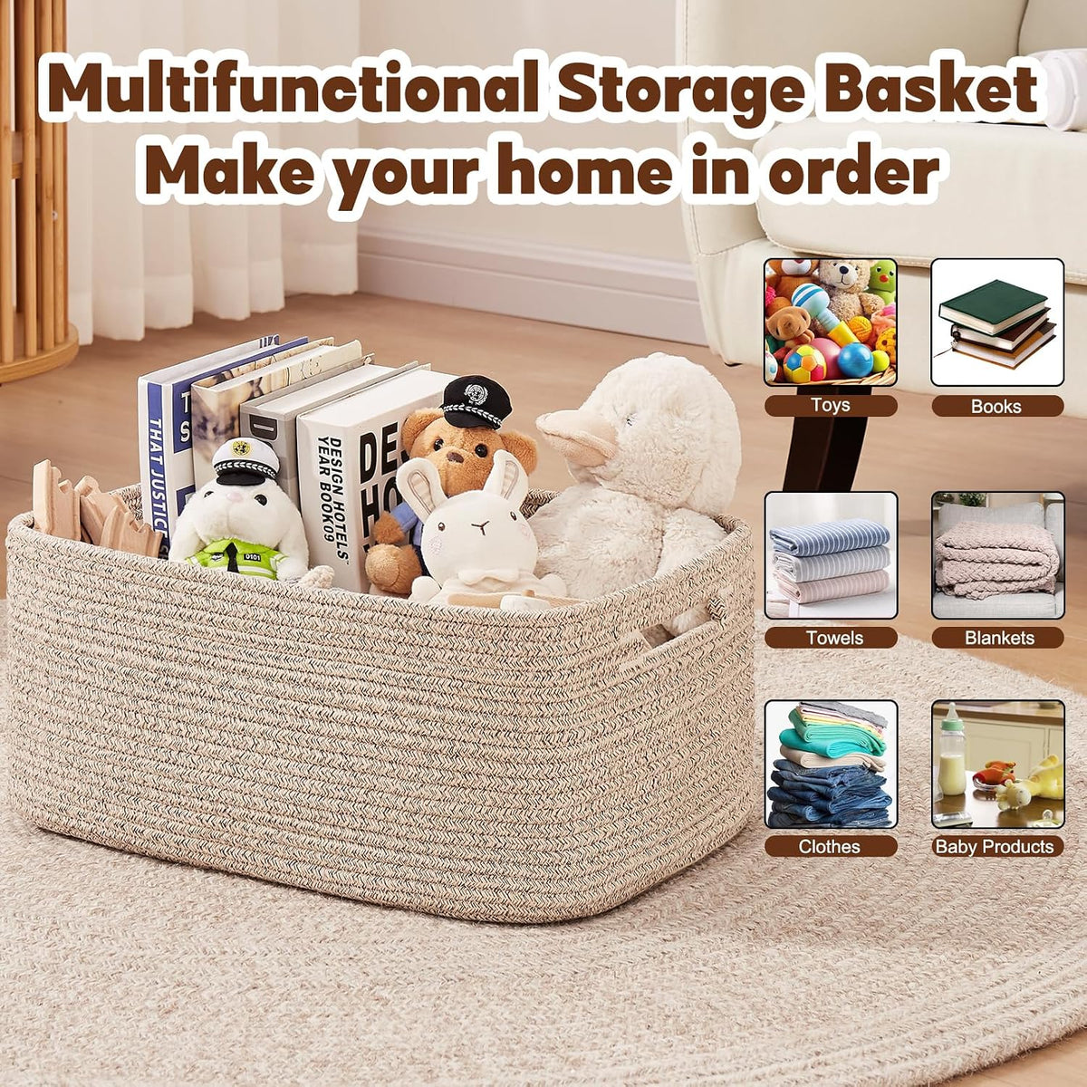 OIAHOMY Storage Basket for Shelves, Closet Cube Storage Bins Baskets for Clothes Blanket Towels, Baby Nursery, Toy Baskets Box, Woven Rope Basket, 17.72 * 12.99 * 7.87 IN, 2 Packs White