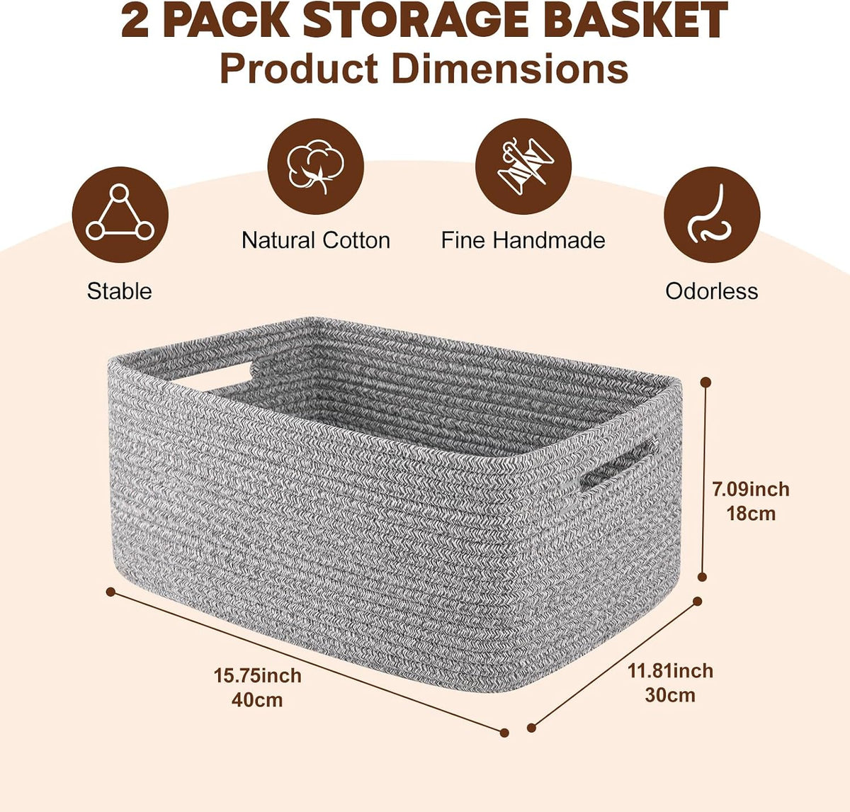 OIAHOMY Storage Basket for Shelves, Closet Cube Storage Bins Baskets for Clothes Blanket Towels, Baby Nursery, Toy Baskets Box, Woven Rope Basket, 17.72 * 12.99 * 7.87 IN, 2 Packs White