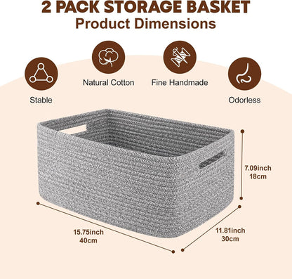 OIAHOMY Storage Basket for Shelves, Closet Cube Storage Bins Baskets for Clothes Blanket Towels, Baby Nursery, Toy Baskets Box, Woven Rope Basket, 17.72 * 12.99 * 7.87 IN, 2 Packs White