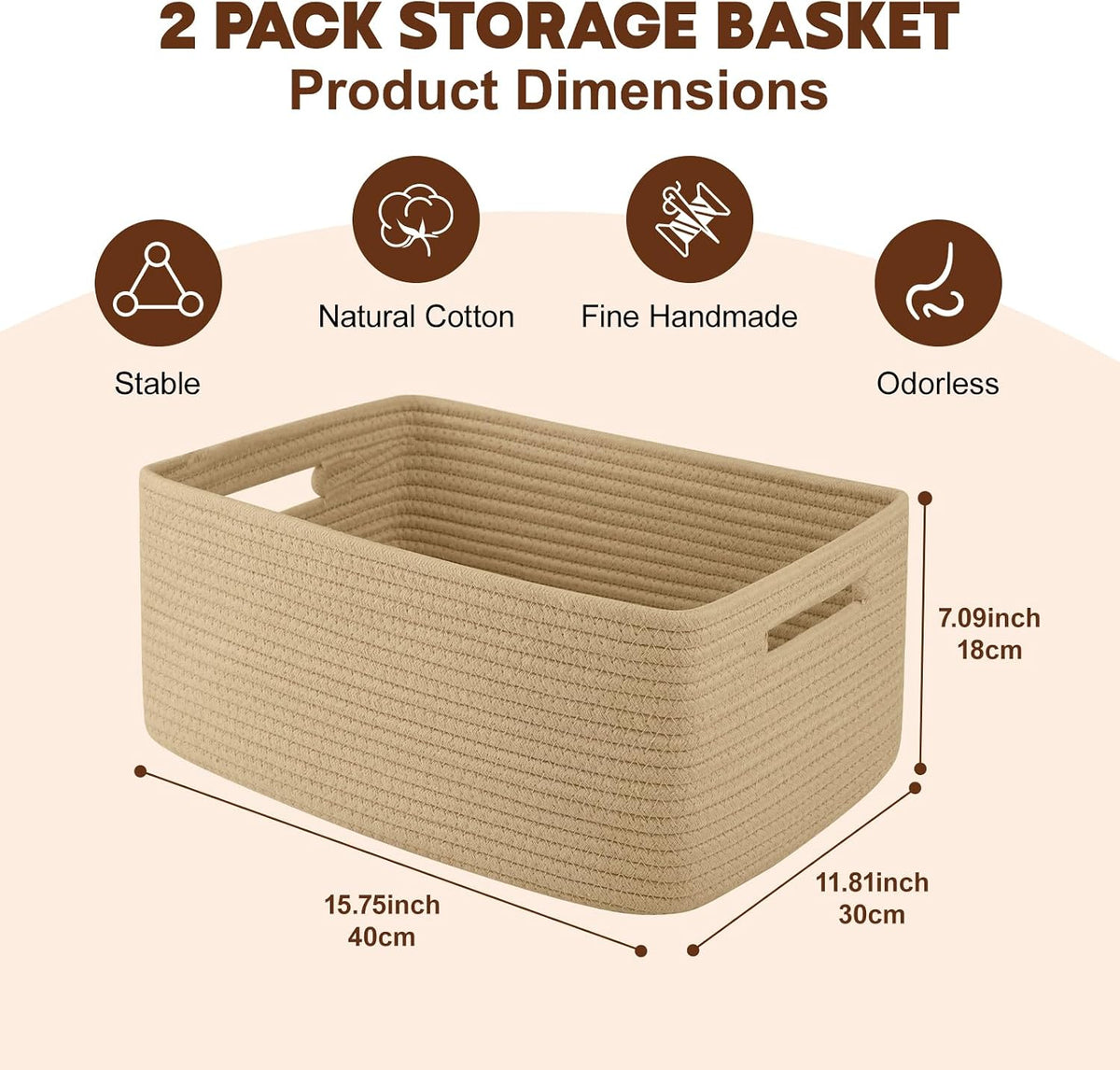 OIAHOMY Storage Basket for Shelves, Closet Cube Storage Bins Baskets for Clothes Blanket Towels, Baby Nursery, Toy Baskets Box, Woven Rope Basket, 17.72 * 12.99 * 7.87 IN, 2 Packs White