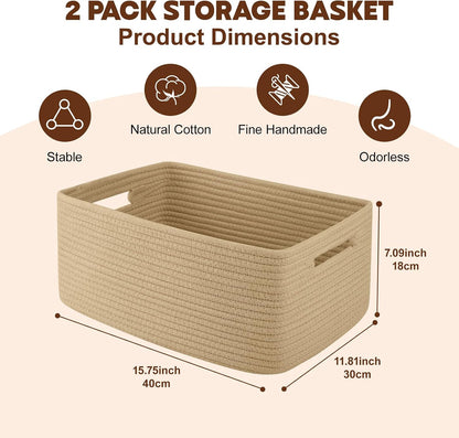 OIAHOMY Storage Basket for Shelves, Closet Cube Storage Bins Baskets for Clothes Blanket Towels, Baby Nursery, Toy Baskets Box, Woven Rope Basket, 17.72 * 12.99 * 7.87 IN, 2 Packs White