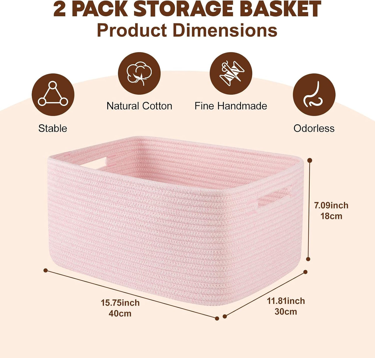 OIAHOMY Storage Basket for Shelves, Closet Cube Storage Bins Baskets for Clothes Blanket Towels, Baby Nursery, Toy Baskets Box, Woven Rope Basket, 17.72 * 12.99 * 7.87 IN, 2 Packs White